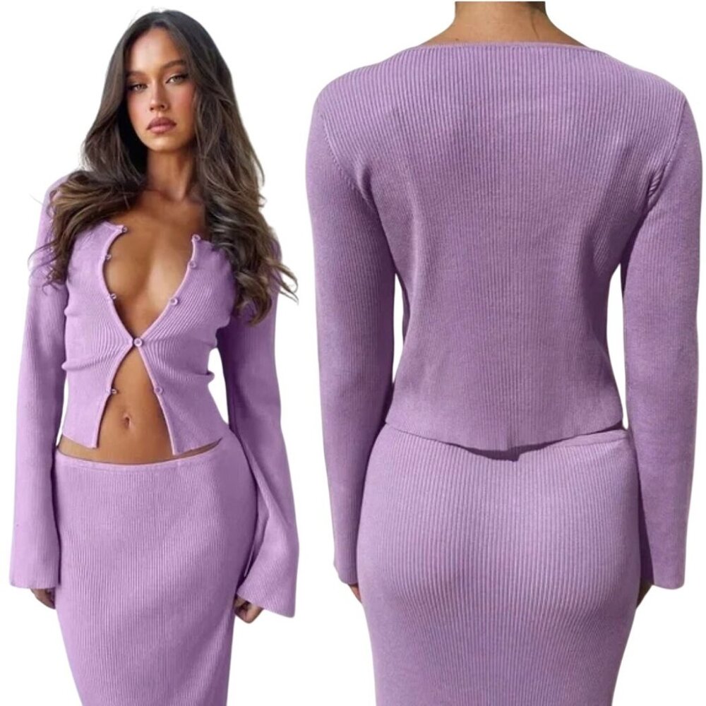 Tiger Mist Sweater Women XS Purple Ribbed Knit Monica Cardigan Sexy Preppy‎